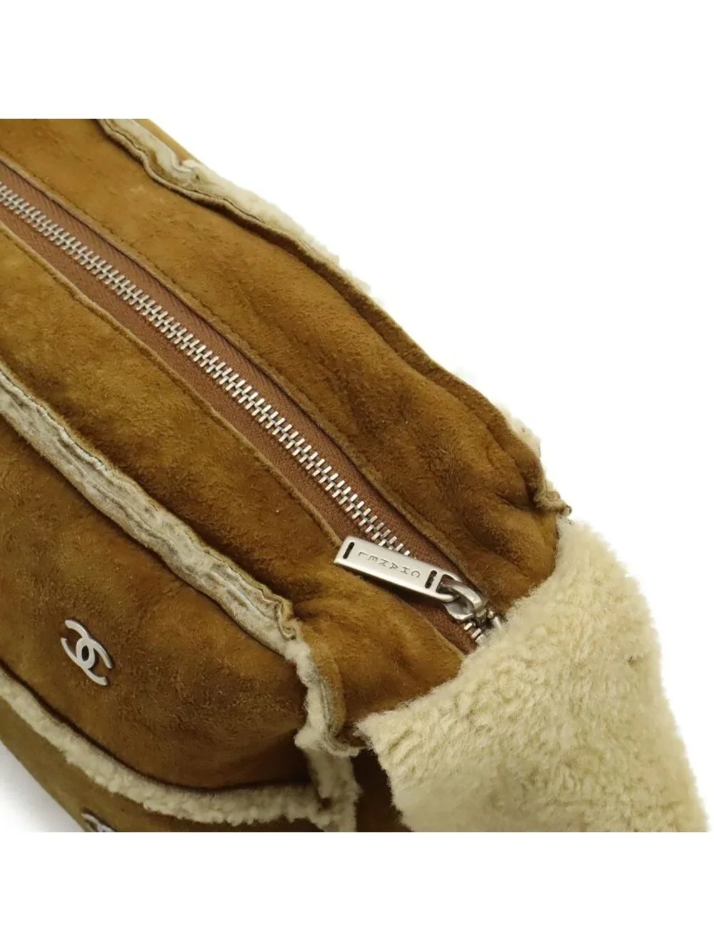 Chanel CC Logo Shoulder Bag Crossbody Shearling Brown Silver
